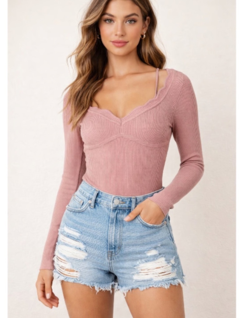 Free People Intimately Ribbed V-Neck Long-Sleeve Bodysuit in Rose